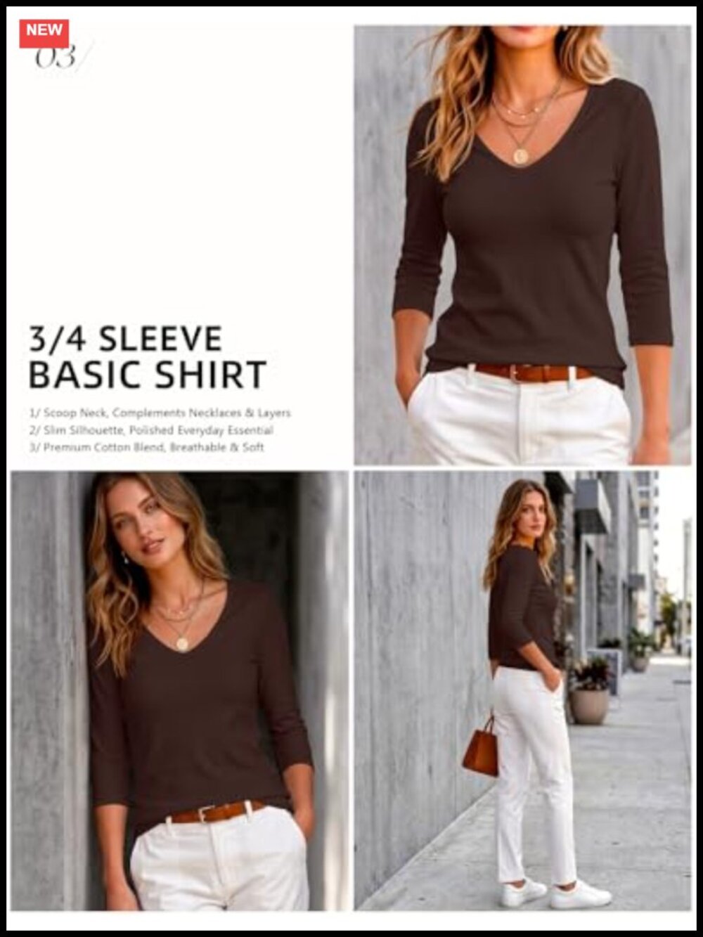 Women's 3/4 Sleeve Scoop Neck Cotton Slim Fit Basic T-Shirt - Picture 4 of 6